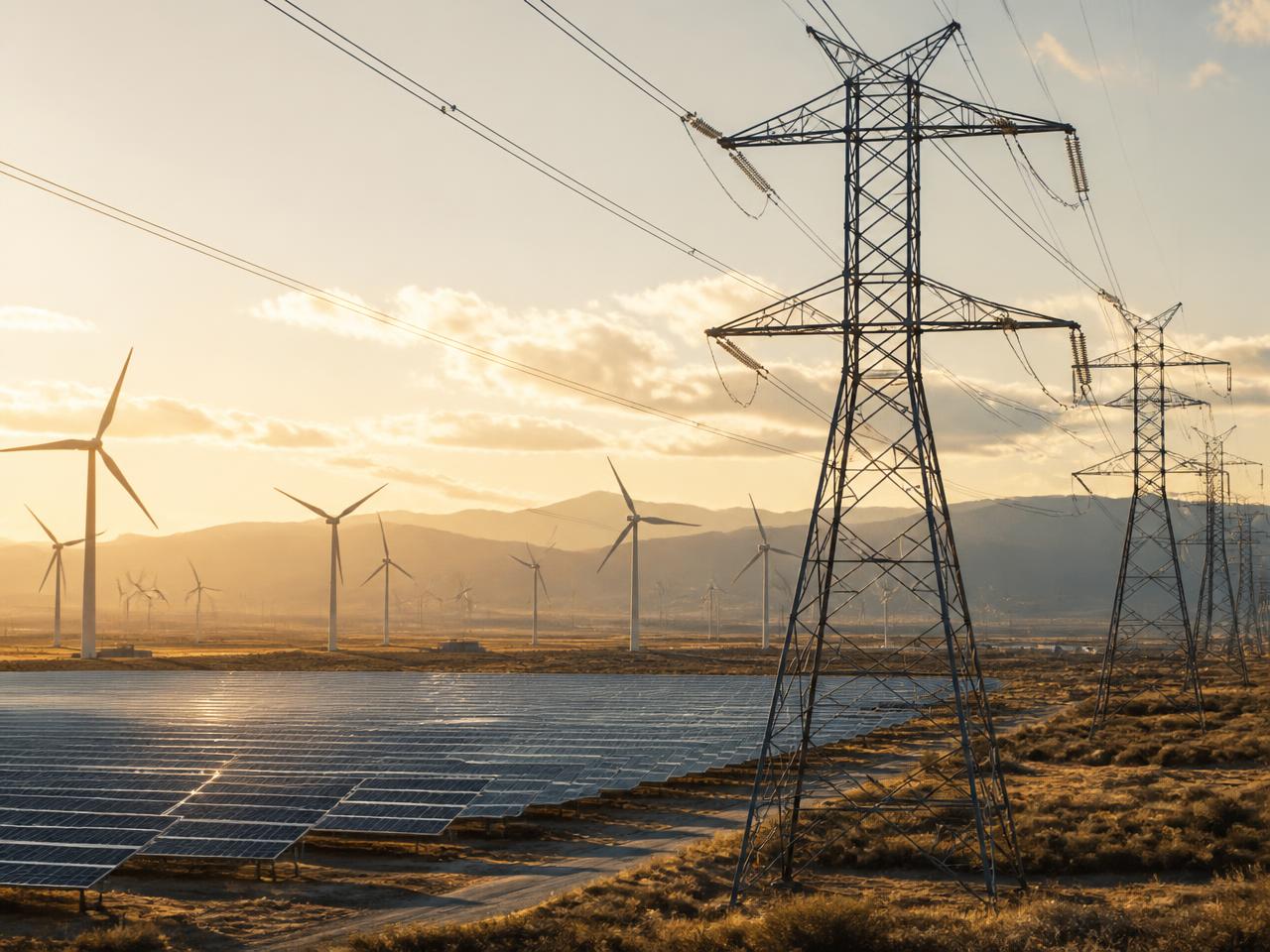 Transmission towers above a solar field with wind turbines beyond