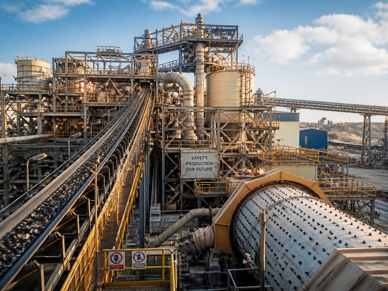 Large-scale mineral processing plant with conveyors and pipework
